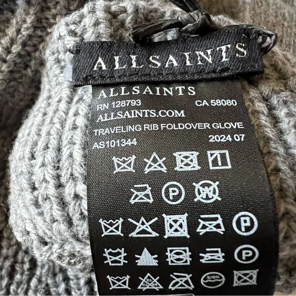 ALLSAINTS WOMENS TRAVELING RIB FOLDOVER CUFF KNIT GLOVES WOOL BLEND GRAY OS NWT